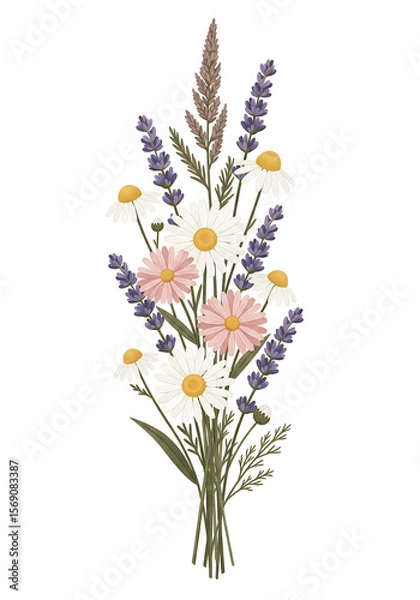 Fototapeta A clean, vertical bouquet of hand-drawn wildflowers (daisy, lavender, chamomile) with clean color fills in muted earthy tones of blush, dusty green, and ivory.