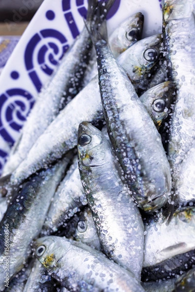 Fototapeta Fresh sardines sprinkled with coarse salt on a decorative plate