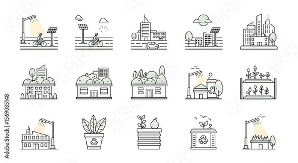 Fototapeta Sustainable city icons with bicycle, buildings and solar panels