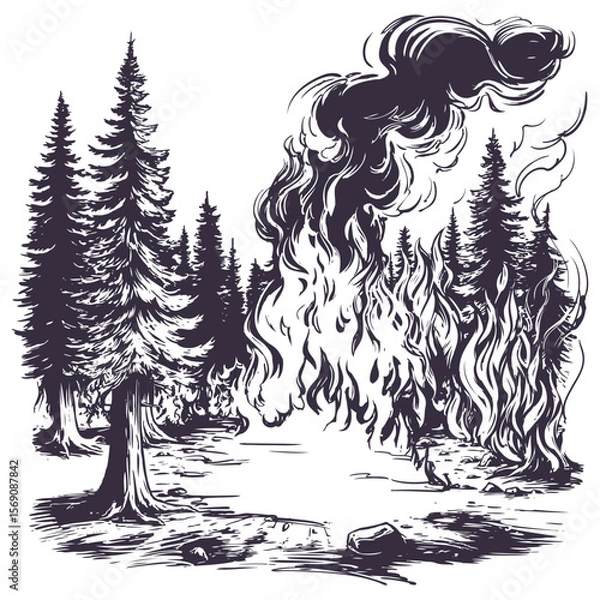 Fototapeta forest fire, burning forest, take care of nature, hand drawn vector illustration realistic sketch