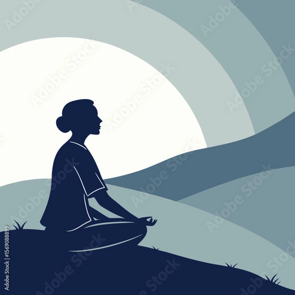 Fototapeta Silhouette of a woman meditating in lotus position with a mountain and sun background in blue tones