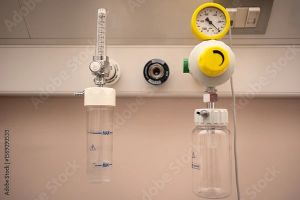 Fototapeta Medical Oxygen Supply System with Flowmeter and Pressure Gauge inside Hospital Room