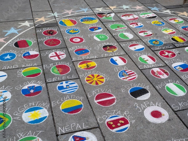 Fototapeta Chalk Art on the Pavement, Mosaic of Nations with International Flags from over the World