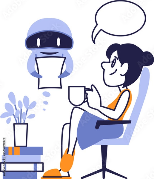 Fototapeta Artificial Intelligence Sharing a Story with Woman Drinking Coffee. Cozy Leisure Time Concept.