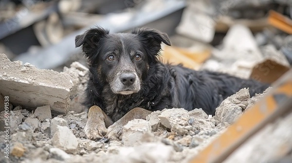 Fototapeta A rescue dog finding a lost survivor in earthquake debris