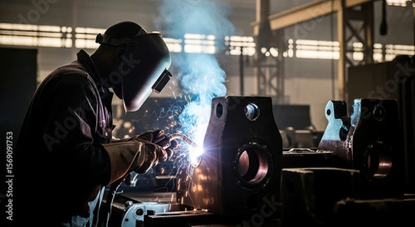 Fototapeta Worker welding metal parts in an industrial setting creating sparks and bright light and smoke