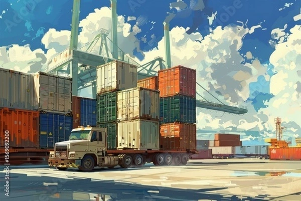 Fototapeta Semi truck is transporting cargo containers at a bustling port, with large cranes and stacks of containers in the background