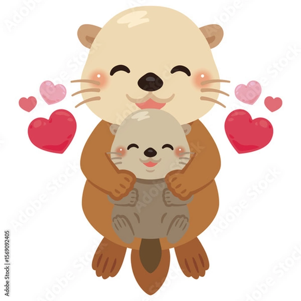 Obraz 仰向けで子どもを抱っこした笑顔のラッコ親子のイラスト