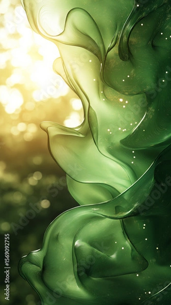 Obraz Abstract green fluid art with light reflecting and translucent waves, ethereal and dynamic, suggestive of movement and nature.