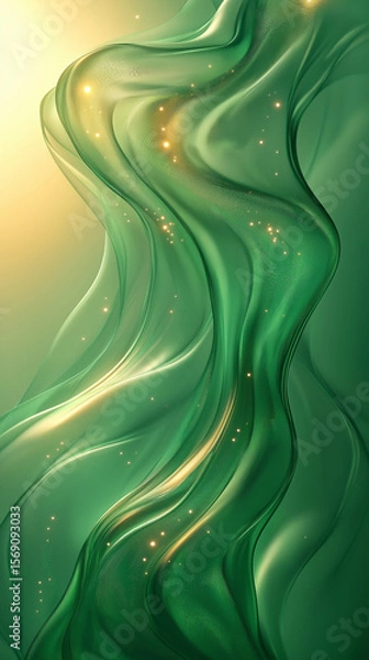 Obraz Abstract green waves cascade in a mesmerizing dance of light and shadow, speckled with golden sparks, evoking natural beauty.