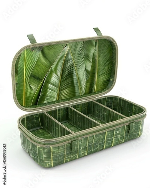 Obraz Exotic Treasure: Open Container with Green Banana Leaves Displaying Nature's Art