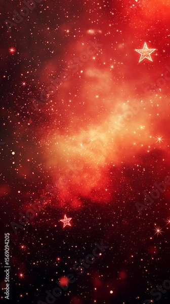 Obraz A celestial tapestry of red and gold, twinkling with starlight and cosmic dust.  Glowing star shapes add to the dreamlike quality.