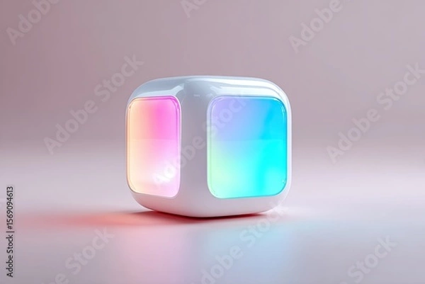 Obraz Futuristic glowing cube emitting vibrant colors on a pastel background, digital art