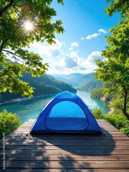 Obraz Summer adventure travel: a car on a mountain road with a tent and camping equipment in a green forest landscape