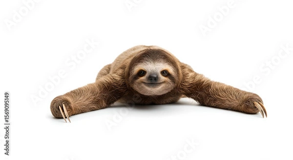 Fototapeta 白背景で手足を大きく広げたナマケモノの正面ポーズ・ユーモラスで癒し効果抜群の個性的なアニマルキャラクター素材 -生成AI