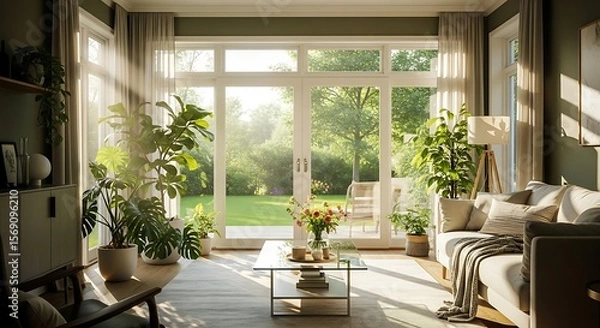 Fototapeta Bright living room with large windows overlooking a lush green garden, filled with plants and natural light.