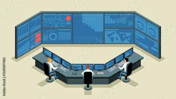 Fototapeta operators in a command center monitoring data on multiple screens, isometric vector illustration for an industrial control room, process monitoring and system surveillance