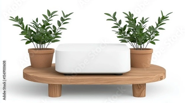 Fototapeta White Rectangular Object on Rustic Wooden Display Stand with Potted Plants
