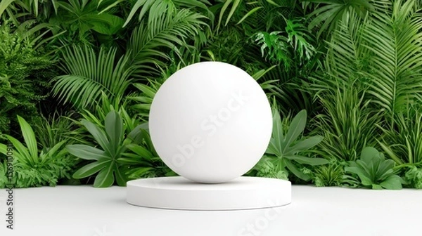 Fototapeta White Sphere Product Display on Platform Against Lush Green Tropical Leaves