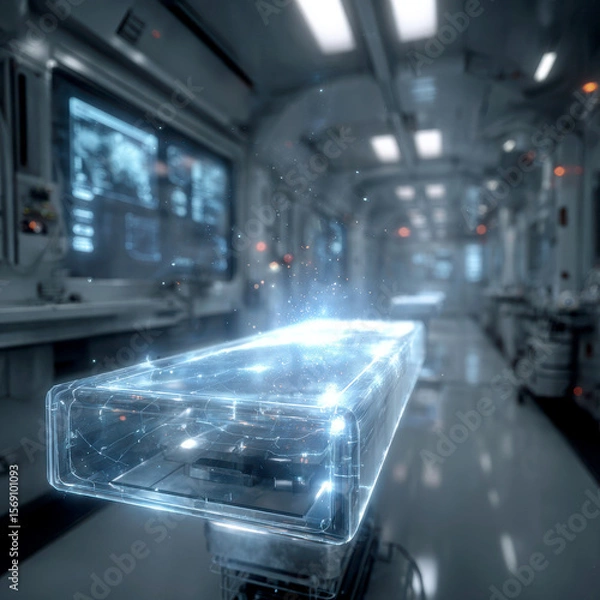 Fototapeta Futuristic medical examination table glowing with digital effects