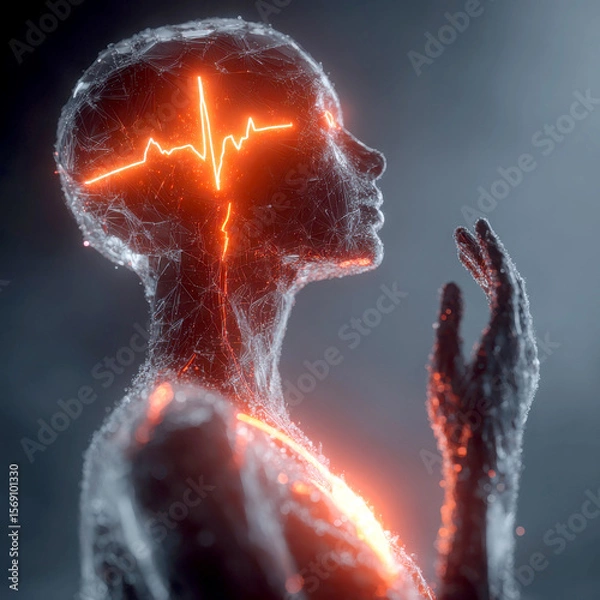 Fototapeta Human figure with glowing neural network and heartbeat line
