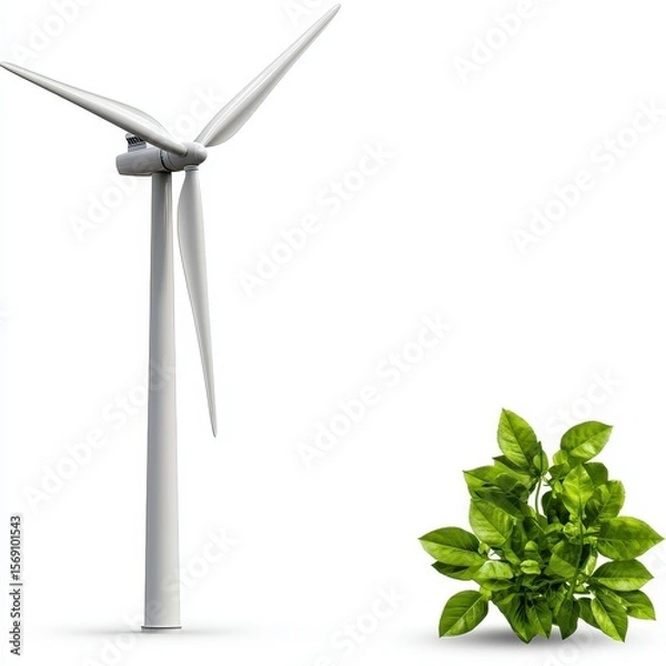 Fototapeta White Wind Turbine and Lush Green Foliage on White Background