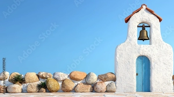 Fototapeta Whitewashed Bell Tower and Stone Wall under a Bright Blue Sky
