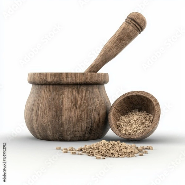 Fototapeta Wooden Mortar and Pestle with Light Brown Grains on White Background