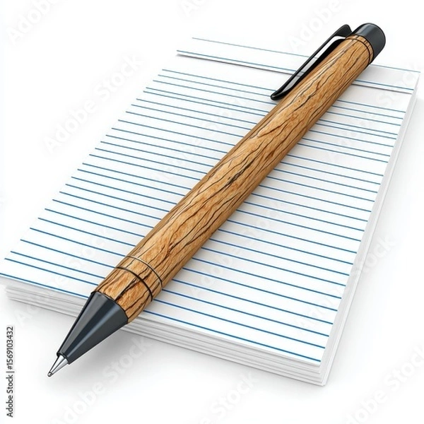 Fototapeta Wooden Pen on Lined Notepad Against White Background