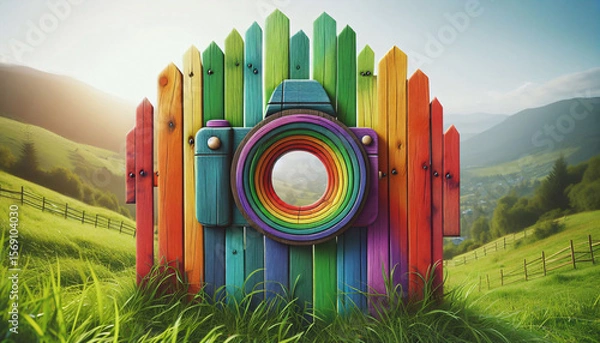 Obraz Ein Holztor in Form eines Fotoapparates in Regenbogenfarben, copy space