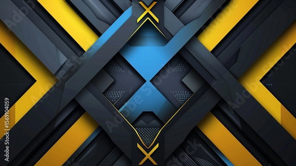 Fototapeta Abstract Geometric Background: Blue, Gold, and Black Metallic High-Tech Design
