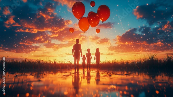 Obraz Family's joyful walk at dusk with floating balloons, creating a heartwarming scene against the brilliant sky, and a reflective horizon.