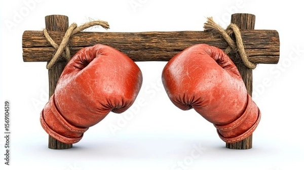 Fototapeta Worn Red Boxing Gloves on Rustic Wooden Beam
