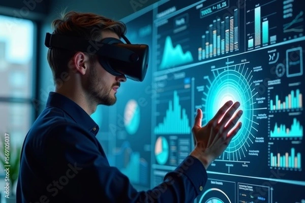 Obraz Person in VR headset interacting with 3D holographic business dashboard showing KPIs.
