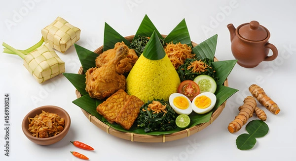 Fototapeta Indonesian Nasi Kuning Turmeric Rice with Chicken, Tempeh, and Eggs