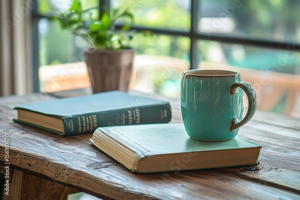 Fototapeta Cozy Reading Nook with a Mug and Books on a Rustic Table