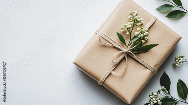 Fototapeta Rustic Gift Box Wrapped with Brown Paper and Greenery Accents