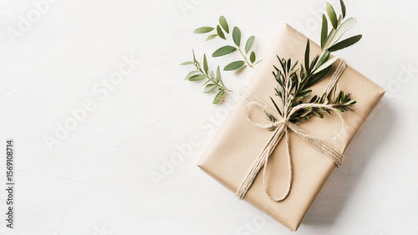 Fototapeta Wrapped Gift Box with Greenery on Soft White Background