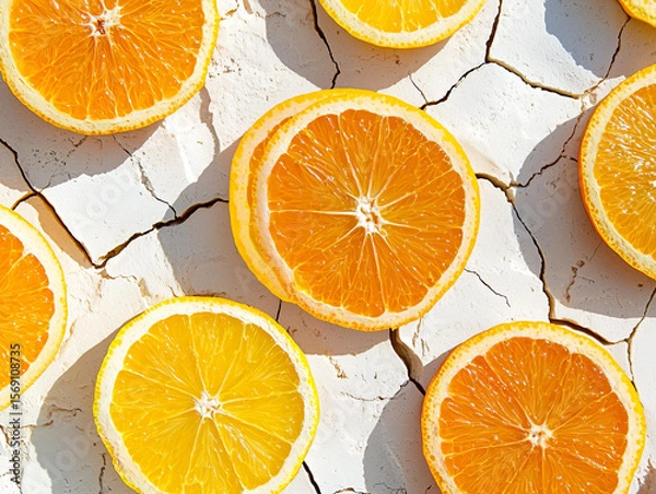 Fototapeta Orange Fruit Slices on Dry Cracked Surface Highlighting Texture and Color
