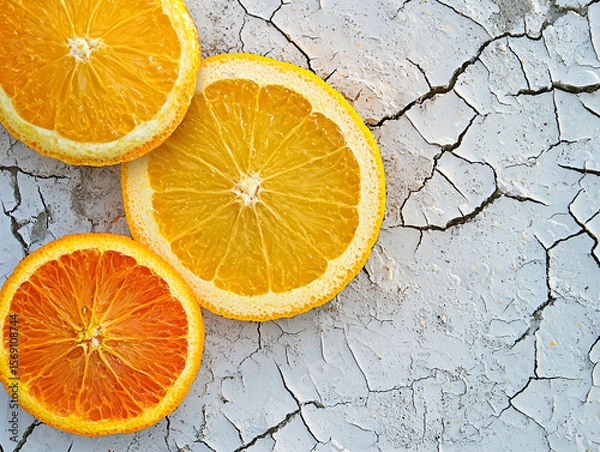 Fototapeta Sliced Fresh Oranges on Cracked White Surface with Textured Background