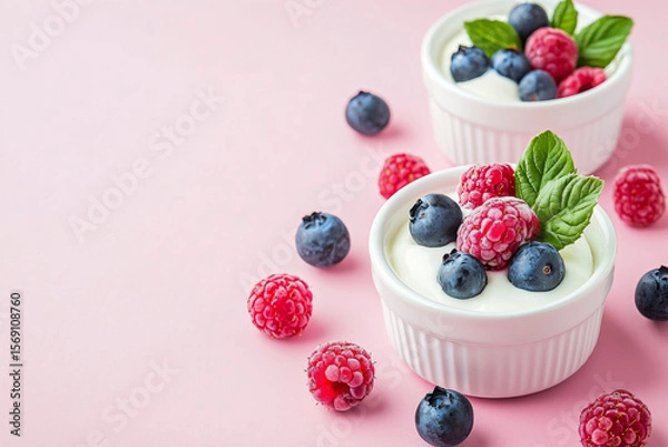 Fototapeta Fresh Berry Yogurt Dessert with Raspberries and Blueberries