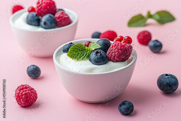 Fototapeta Yogurt with Fresh Berries and Mint Leaves on Pink Background