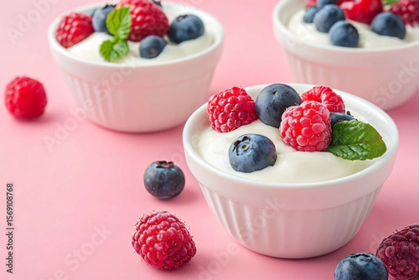 Fototapeta Fresh Yogurt with Berries in White Bowls on Pink Background