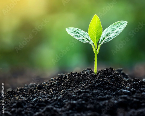 Fototapeta Green Seedling Emerging from Fresh Soil in Natural Garden Setting