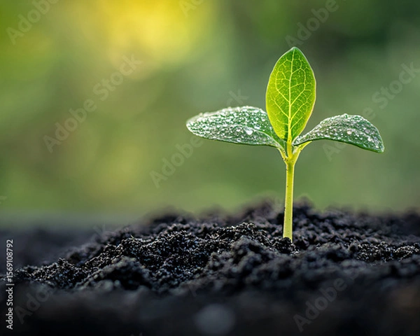 Fototapeta Fresh Green Seedling Emerging from Dark Soil with Water Droplets