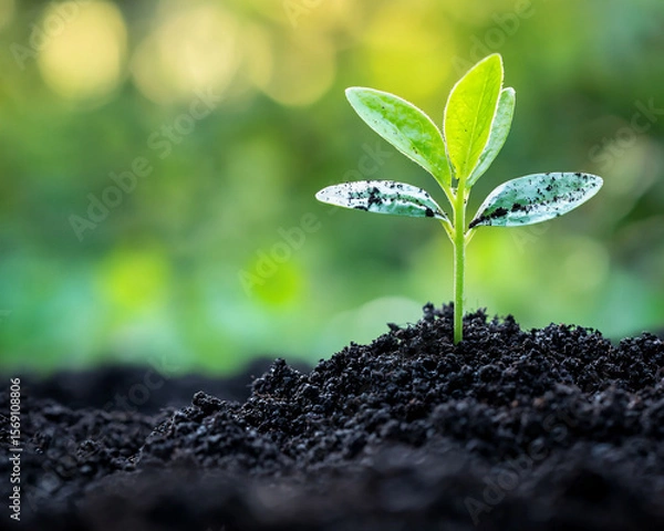 Fototapeta Fresh Green Seedling Emerging from Dark Rich Soil in Nature