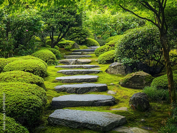 Fototapeta Tranquil Garden Pathway Surrounded by Lush Greenery and Stones