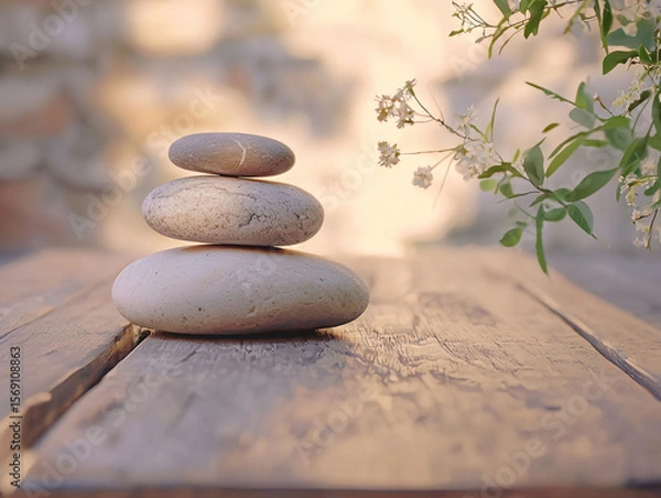 Fototapeta Tranquil Stacked Stones on Wooden Surface with Soft Floral Accents