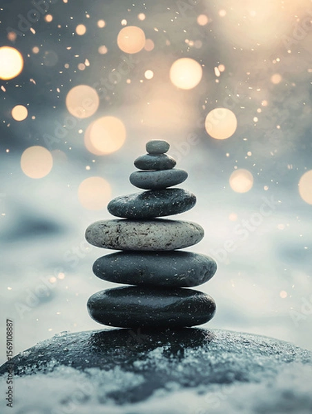 Fototapeta Serene Stones Stacked in Winter Landscape with Soft Bokeh Background