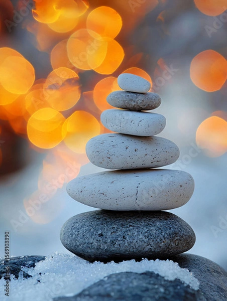 Fototapeta Serene Tower of Balanced Stones Against a Vibrant Background